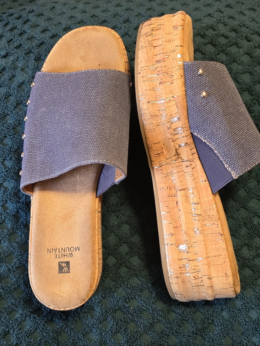 White Mountain Blue-Gray Canvas Cork Platform Slide Sandals